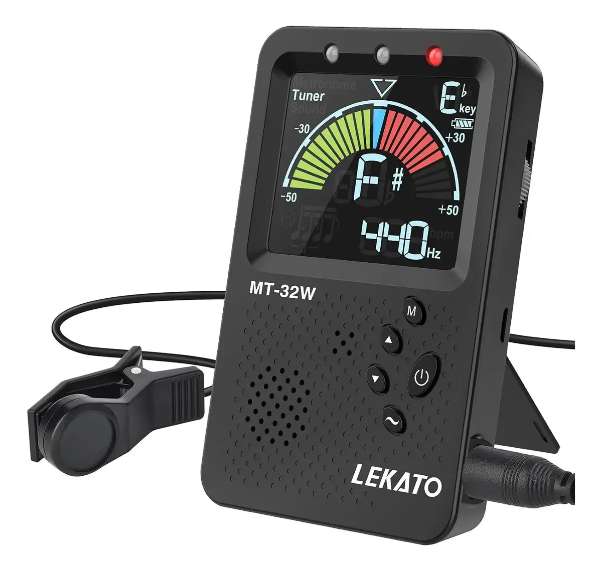 Sintonizador e Metrônomo Recarregável Lekato MT-32W, 3 em 1, com Ritmo de Voz Humana para Guitarra, Baixo e Ukulele