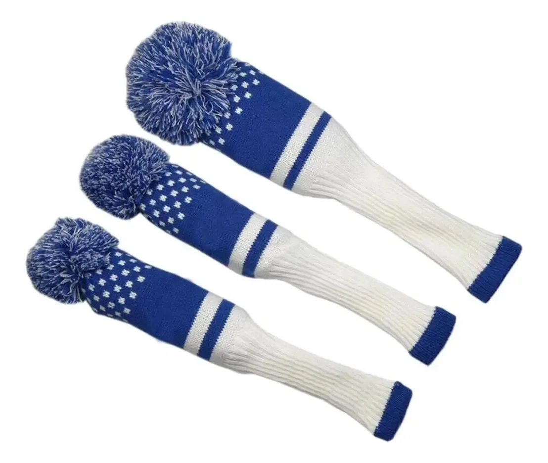 Amleso Capas de Tacos de Golfe Capas de Tacos Tricotadas para Drivers com Pompons para Golfistas, Branco Azul, Conforme Descrito