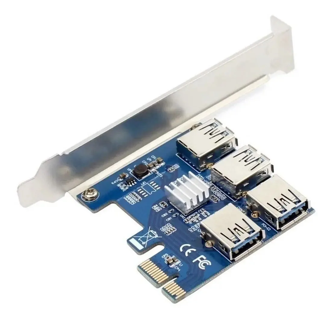 Adaptador de mineração criptográfica Pcie 1x To 4 Usb Multiplier Riser, cor azul