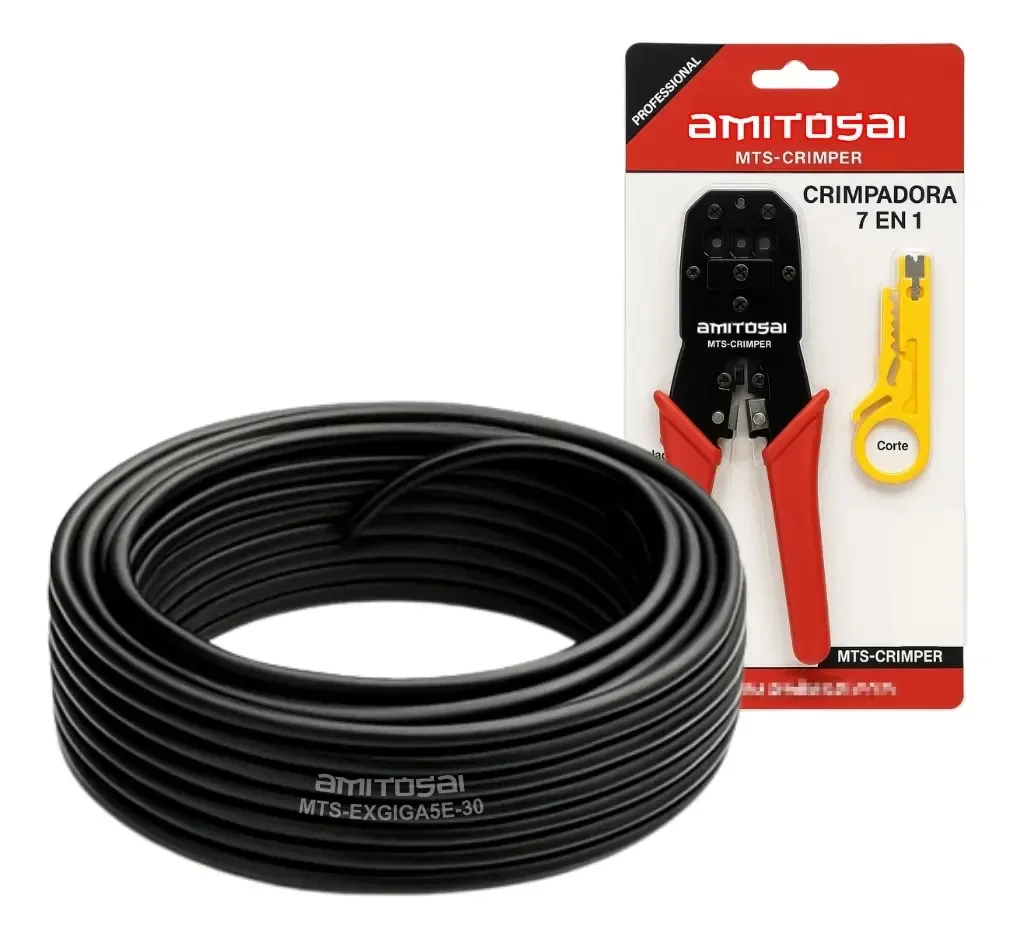 Cabo de rede Combo Cat5e 30m e clipe Amitosai Crimper