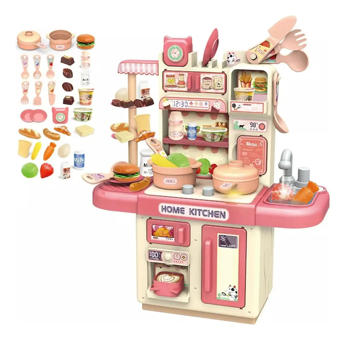 Cozinha de brinquedo para crianças, cor rosa com acessórios