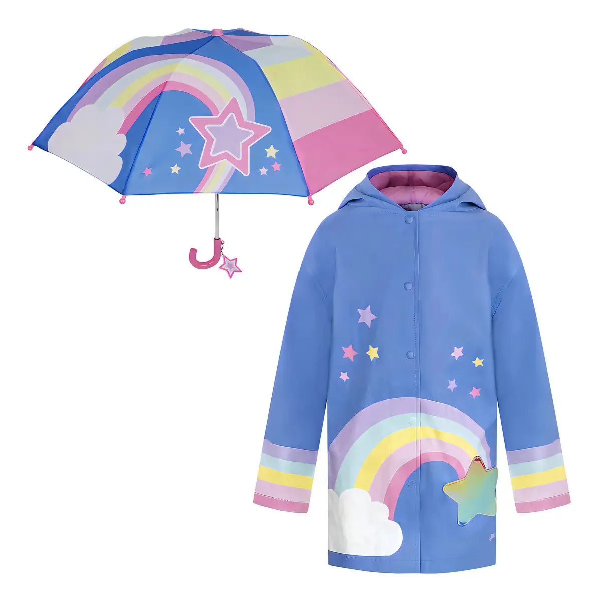 Conjunto de guarda-chuva para meninos e meninas e capas de chuva, guarda-chuva para crianças pequenas, jaqueta para meninos e meninas (3-9 anos), arco-íris/estrelas, 7-9 anos