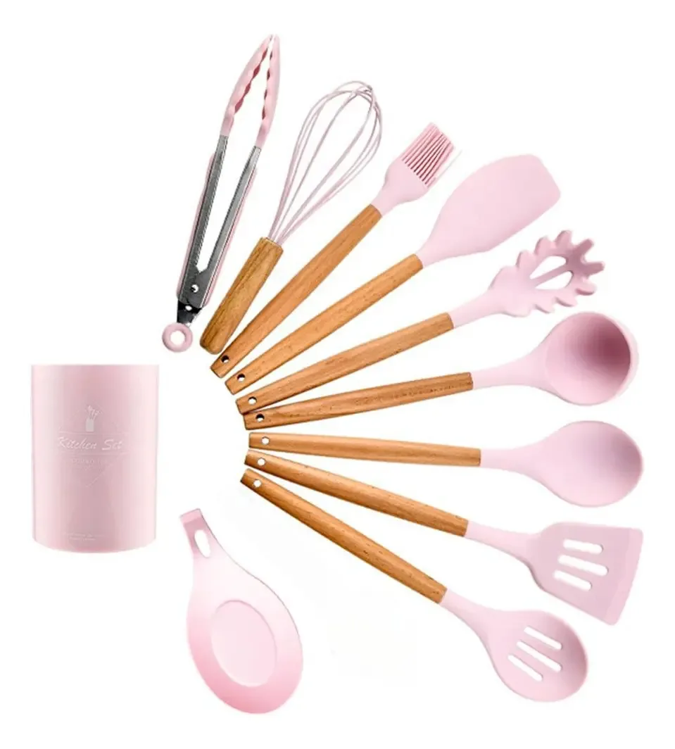 Utensílios de cozinha de silicone 11 peças e cabo de madeira rosa