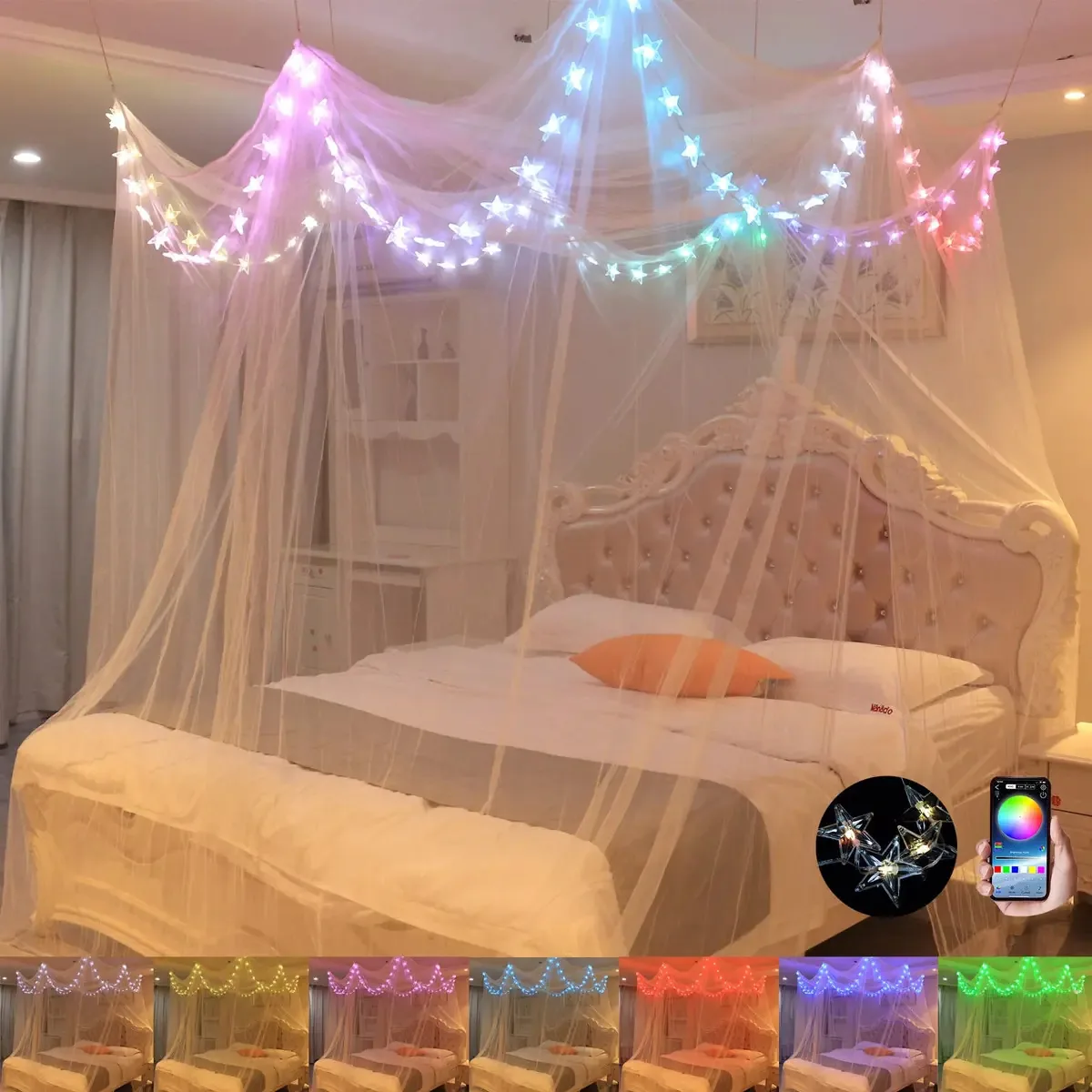 Toldo de cama com luzes LED de estrela, cortina de cama com
