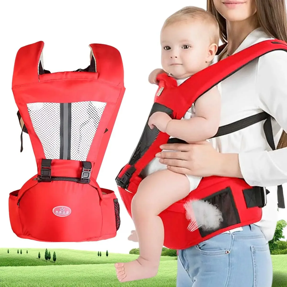 Mochila ergonômica para bebês, assento multifuncional, cor vermelha
