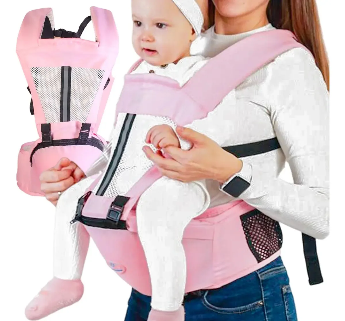 Mochila ergonômica para bebês com assento rosa multifuncional