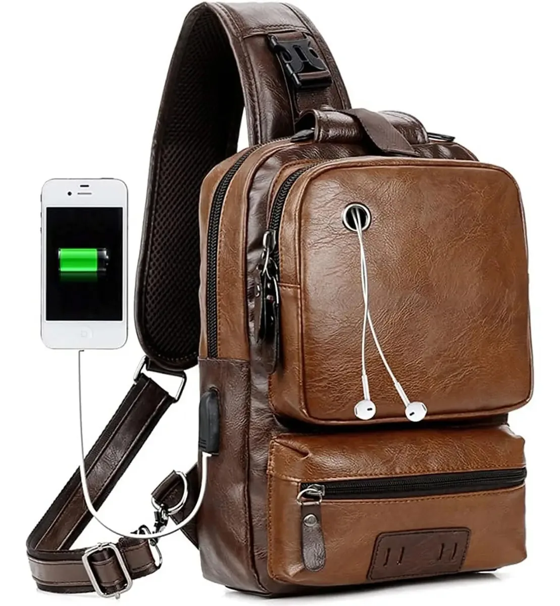 Bolsa de ombro tiracolo masculina de couro, bolsa de ombro marrom, alça de ombro marrom, design de tecido, cores sólidas