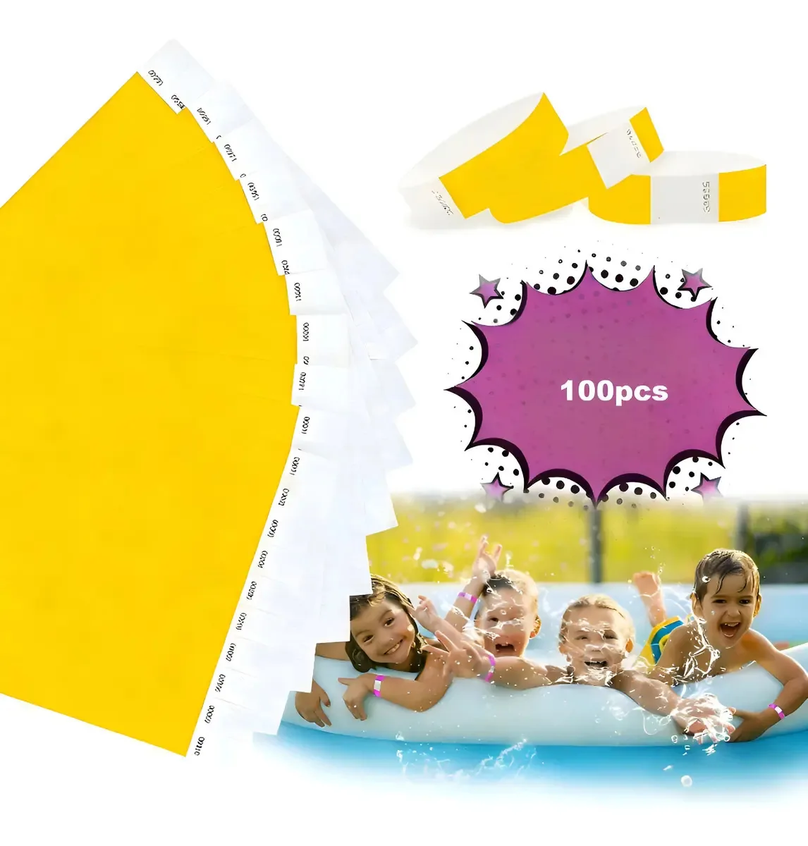 100 pulseiras Tyvek para impressão de pulseiras, eventos e hotéis, cor amarela