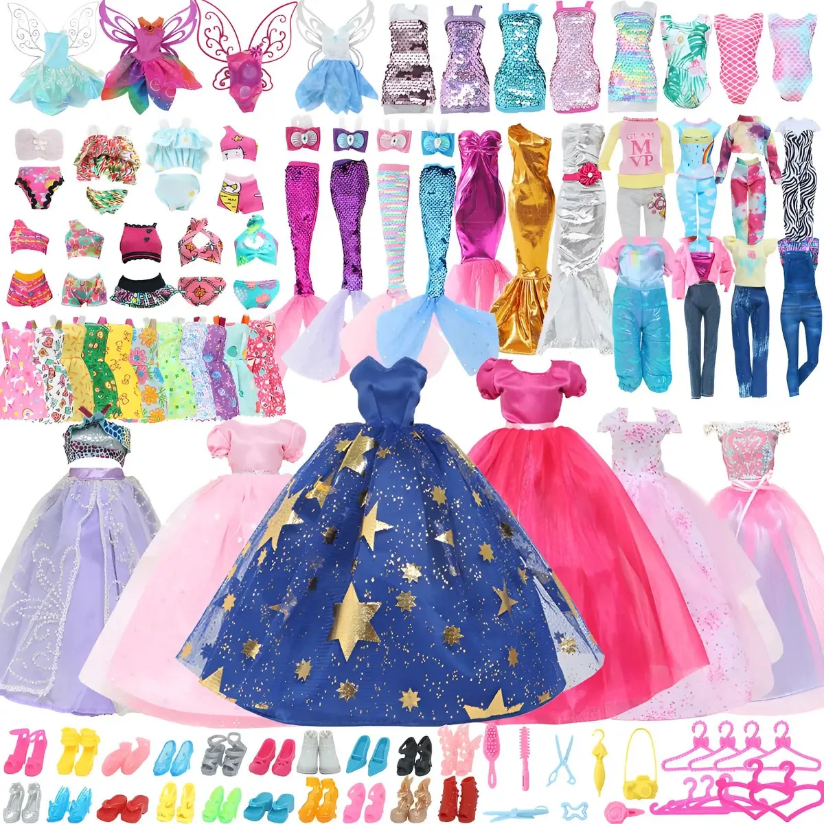 60 peças de roupas e acessórios para bonecas, vestidos e muito mais