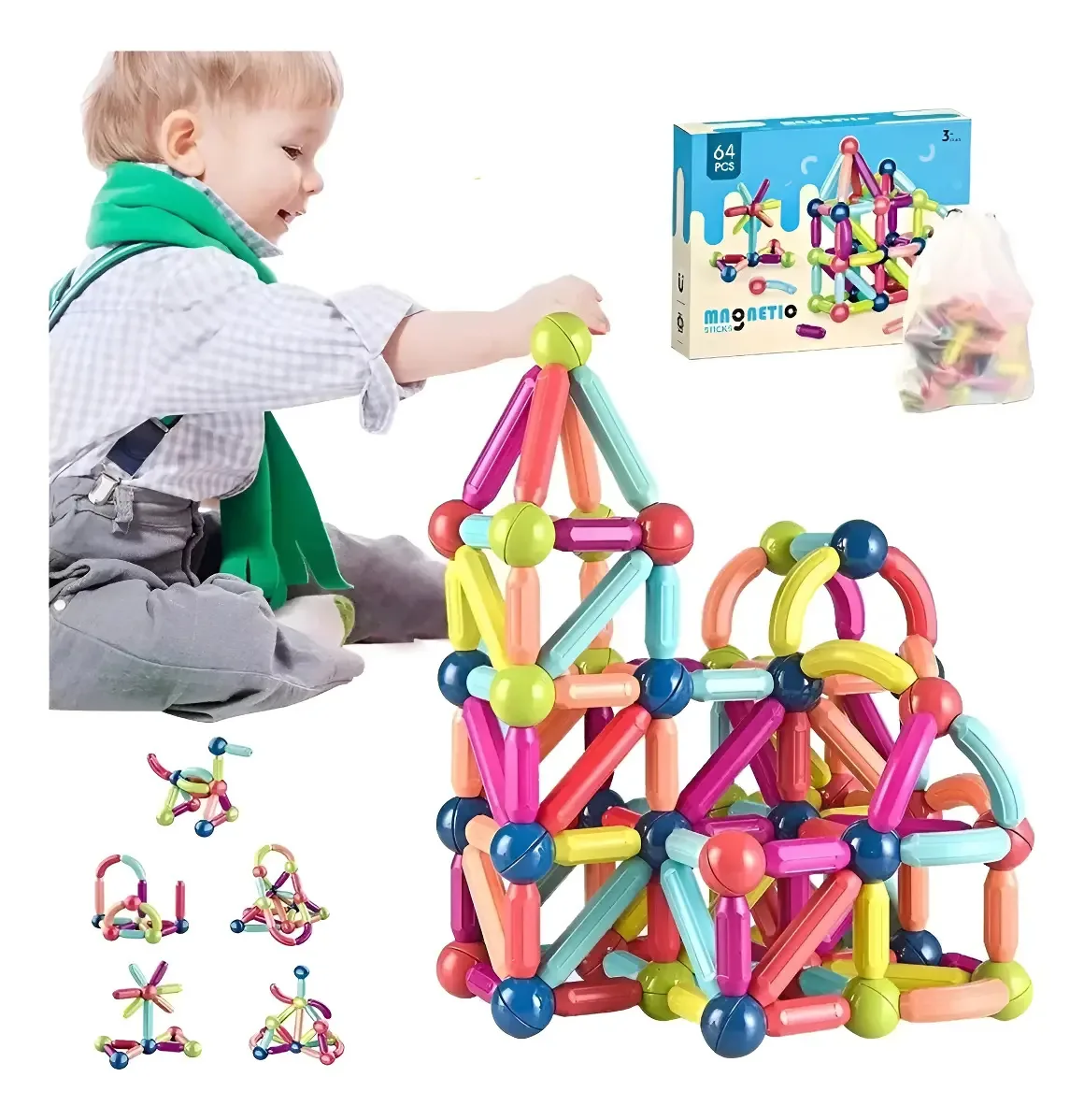 Conjunto de construção magnética World Magic World Magic 64 peças de construção magnética