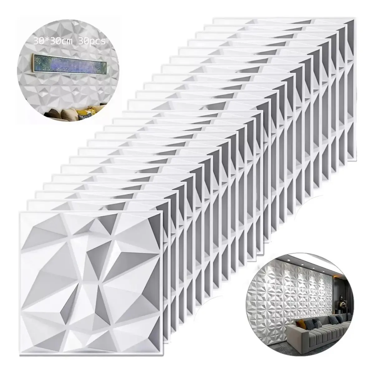 Painéis decorativos de PVC 3D para paredes 30 peças 30 cm x 30 cm cor branca