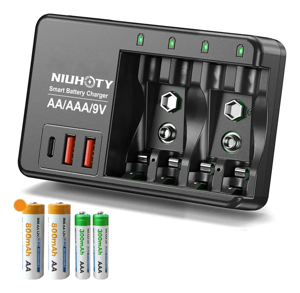Carregador de bateria com 4 baterias recarregáveis: 2aaa + 2aa Carregador de bateria recarregável NIUHOTY com plugue de proteção para carregamento e cabo de carregamento incluído