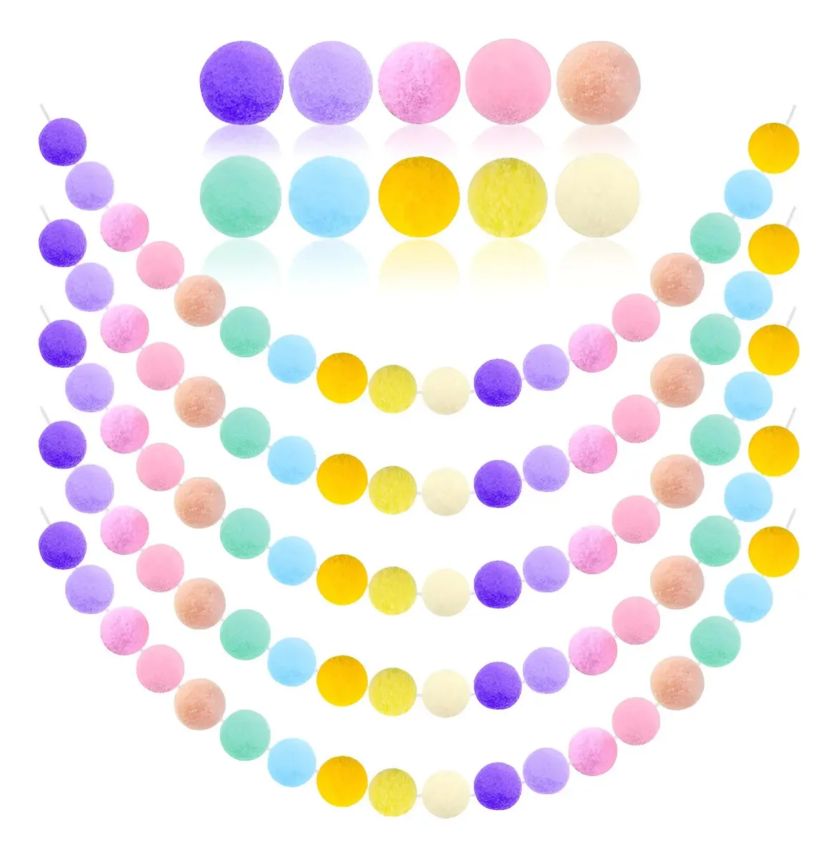5 guirlandas de pompom em tons pastel para pendurar, decoração S