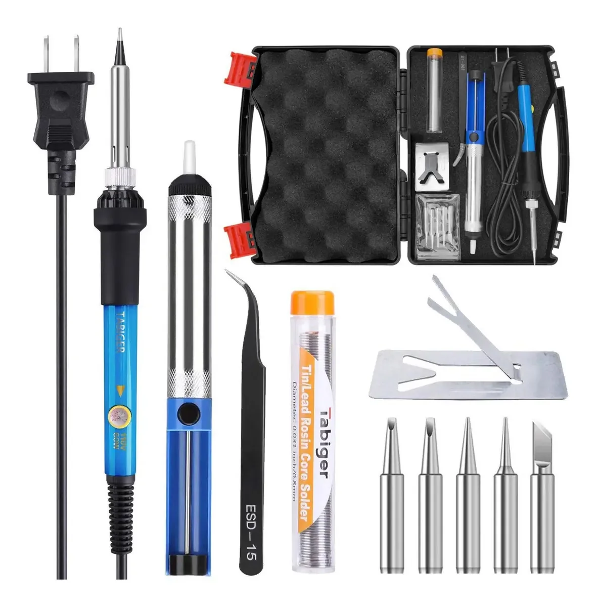 Kit de Solda Elétrica, Acessórios para Solda, Kit de Ferro de Solda, Ferro de Solda de 60 W e 220 V com Temperatura Ajustável, 5 Pontas Diferentes, Suporte, Fio de Solda com Caixa de