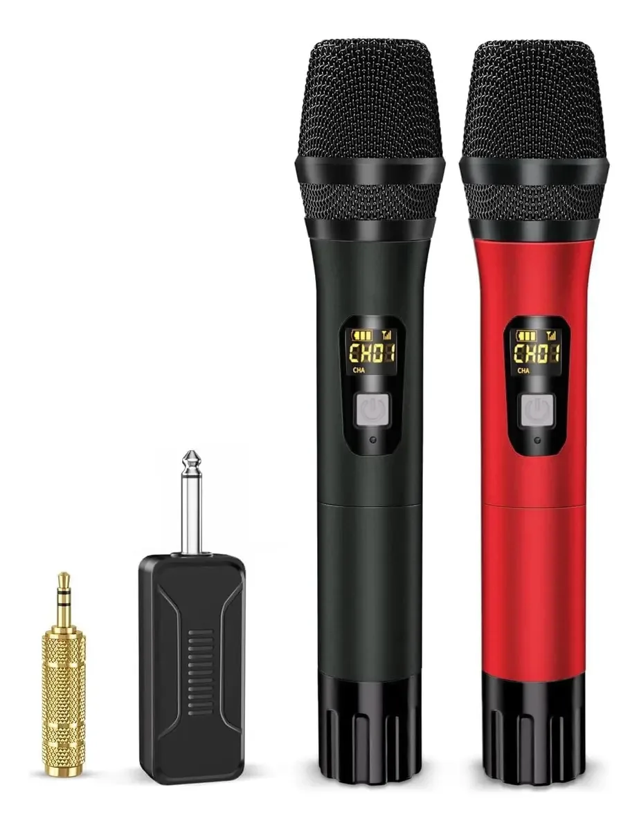 Microfones sem fio, sistema de microfone dinâmico. Vermelho/ Preto