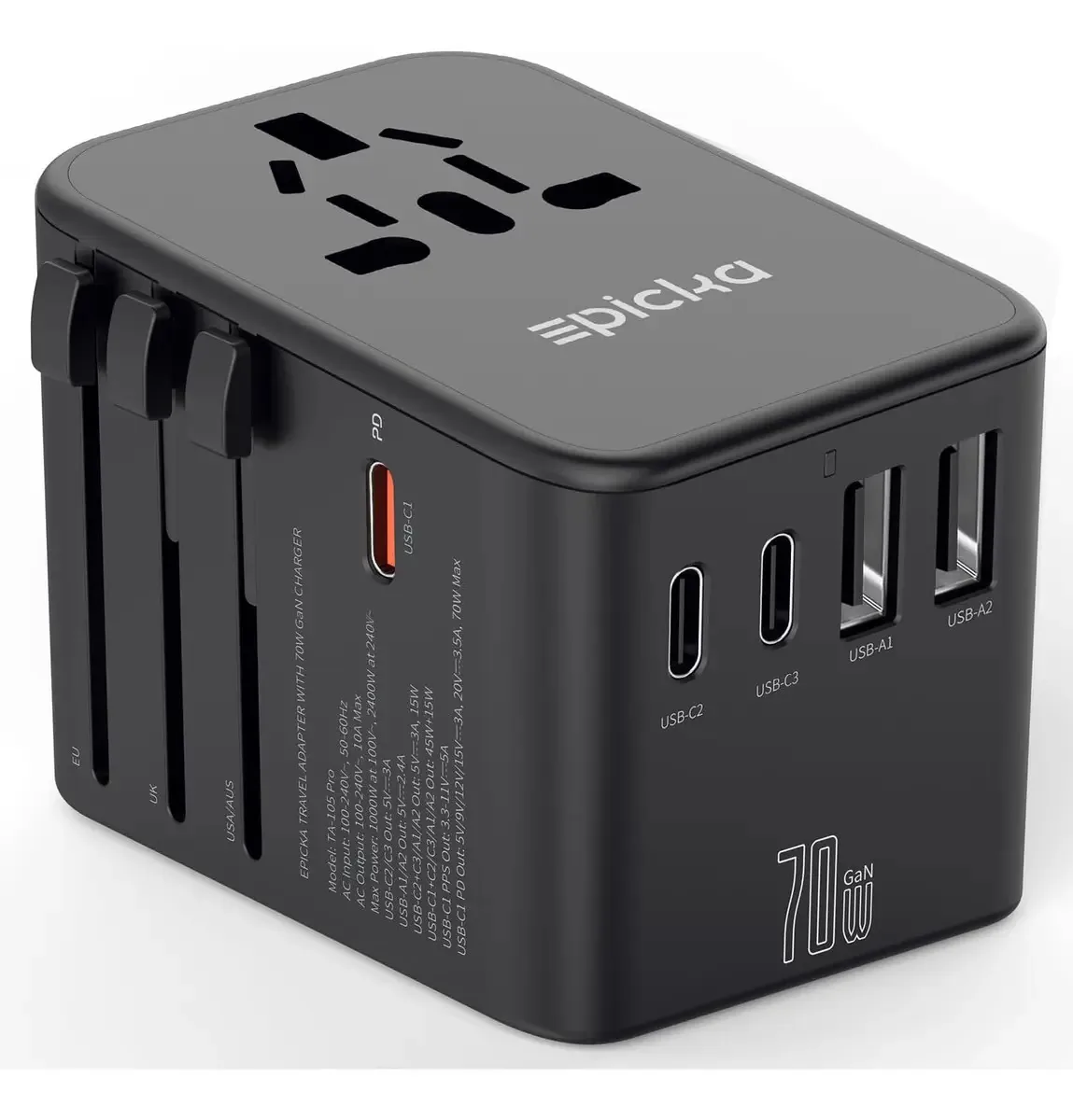 Adaptador de viagem universal Epicka Adaptador Gan International Plug com 3 carregadores de parede USB de carregamento rápido de 70 w e 2 carregadores de parede USB, tudo em um para uso na UE,...