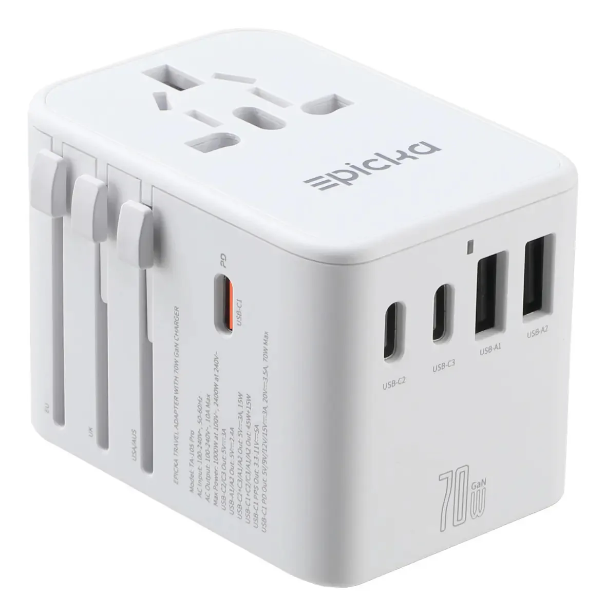 Adaptador de viagem universal Epicka Adaptador Gan International Plug com 3 carregadores de parede USBC de carregamento rápido de 70 W e 2 carregadores de parede USB, tudo em um para uso na UE,...