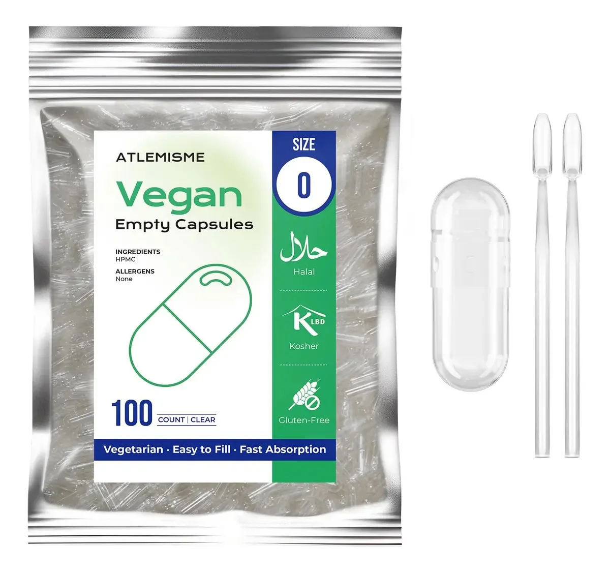 Cápsulas veganas vazias Atlemisme tamanho 0 (100 unidades)