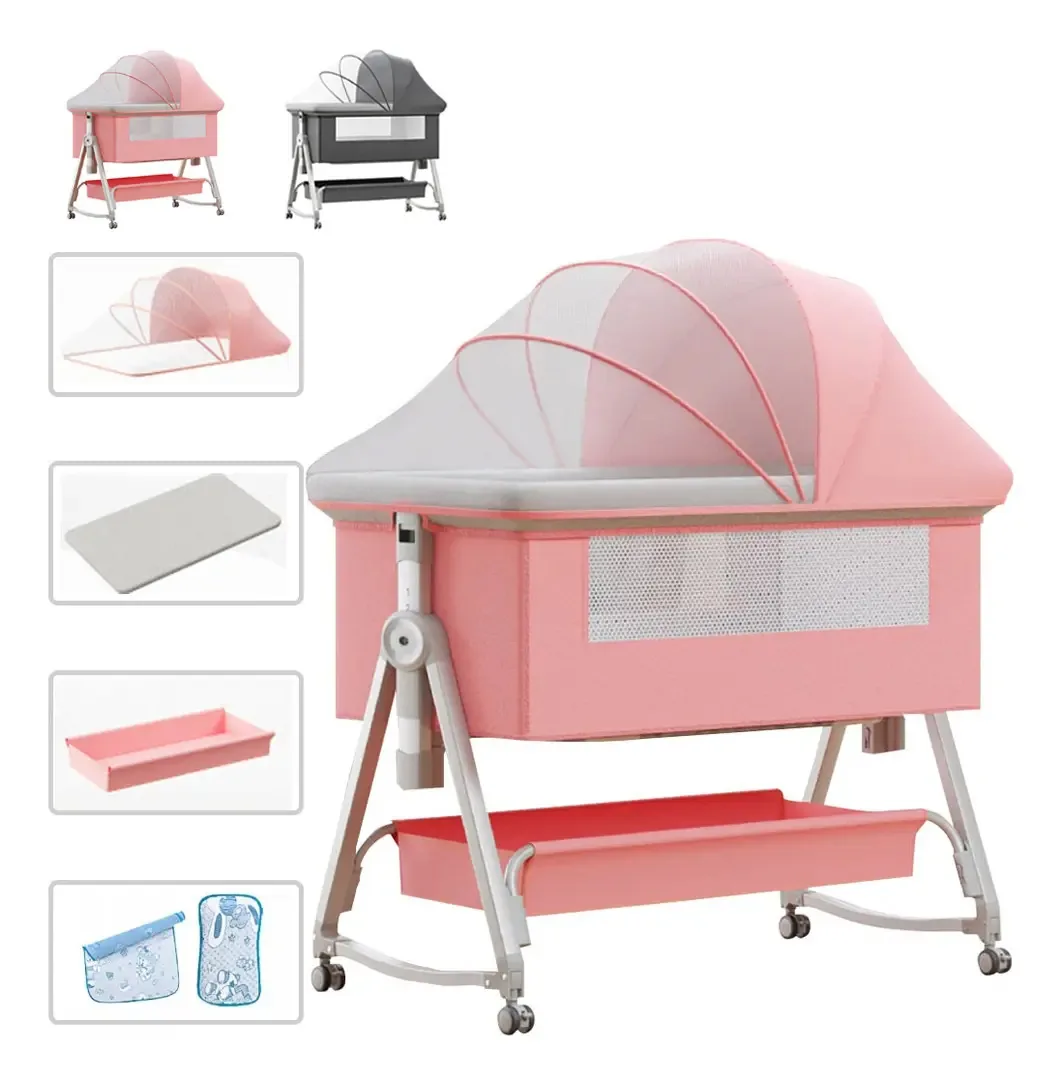 Berço dobrável portátil com colchão mosquiteiro Auxtoo AUB01 cor de rosa