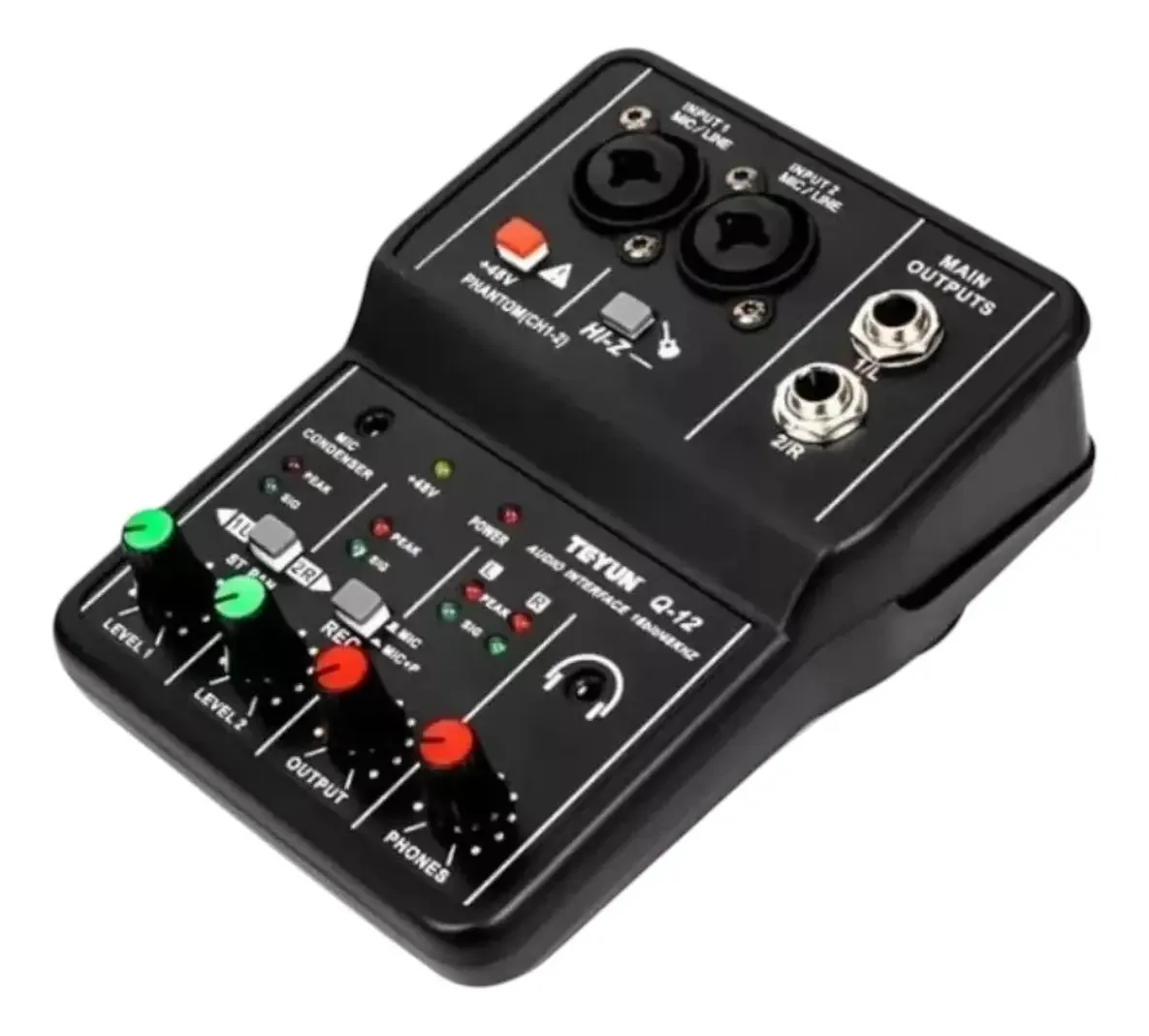 Teyun Q-12 Interface de Áudio USB 2 Canais Profissional Mesas De Som com 48v Phantom Power 5v Preto