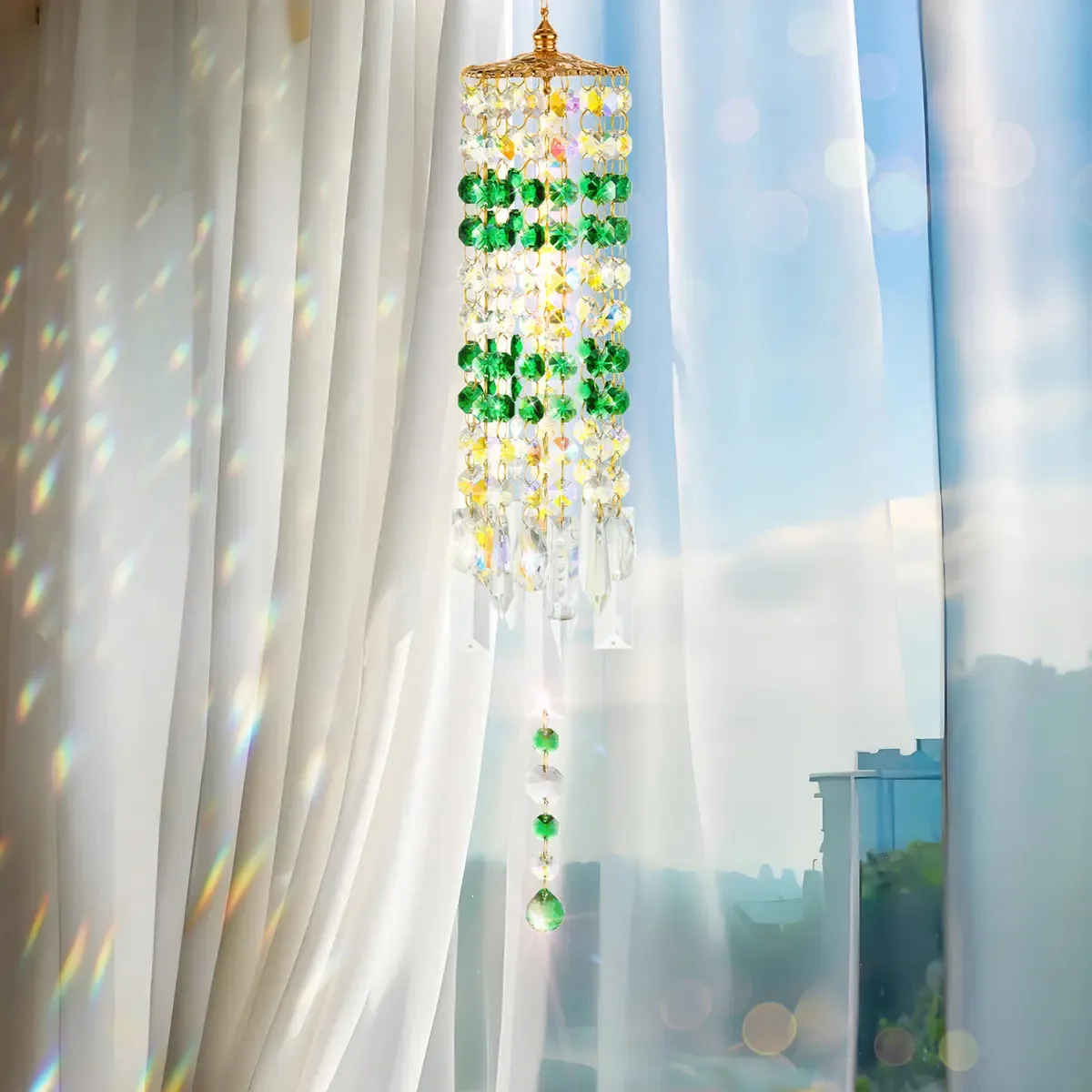Carrilhão de vento de vidro com Prism Green Suncatcher