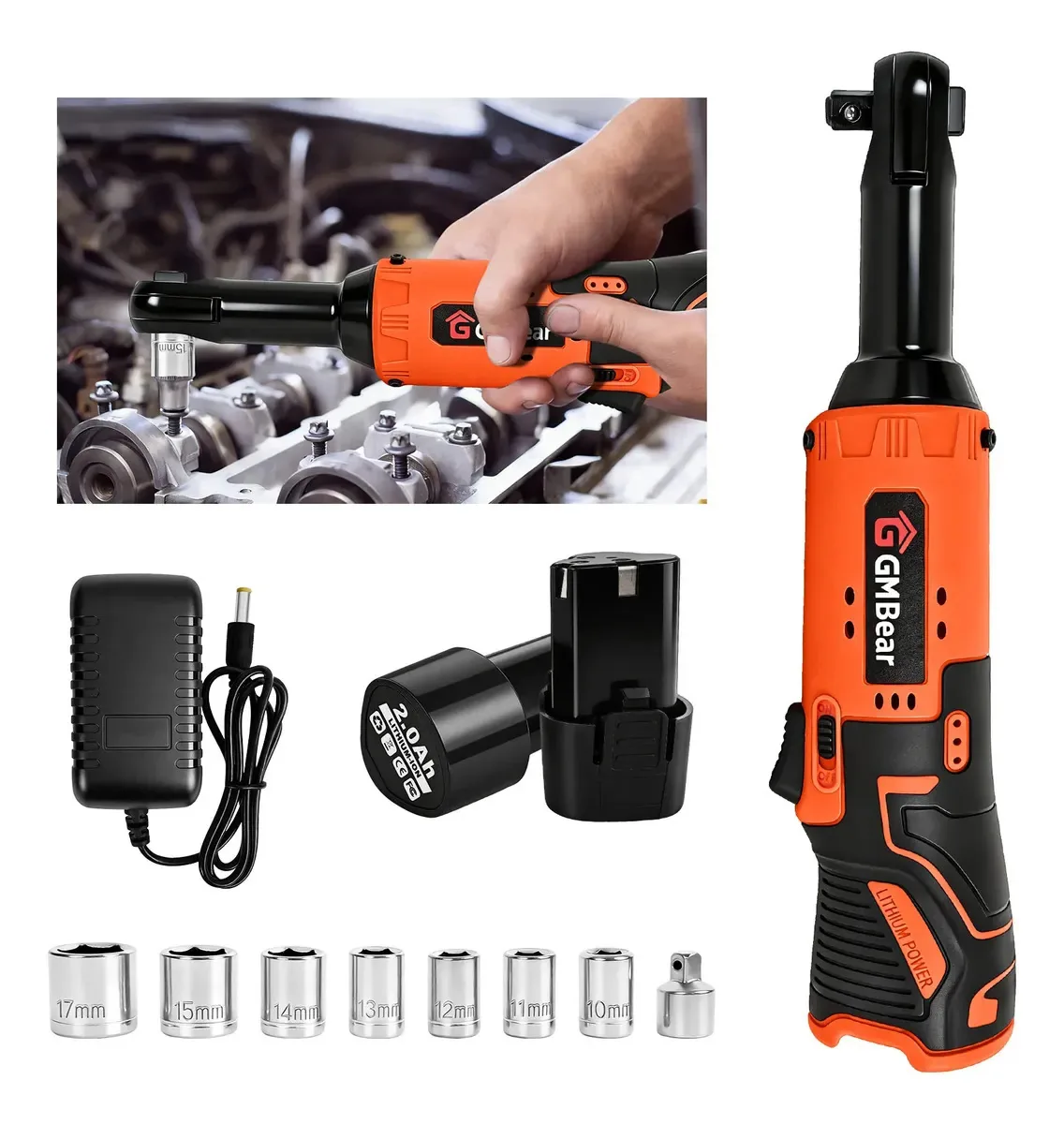 Chave de Impacto sem Fio GM Bear com Kit de 7 Soquetes e 2 Baterias