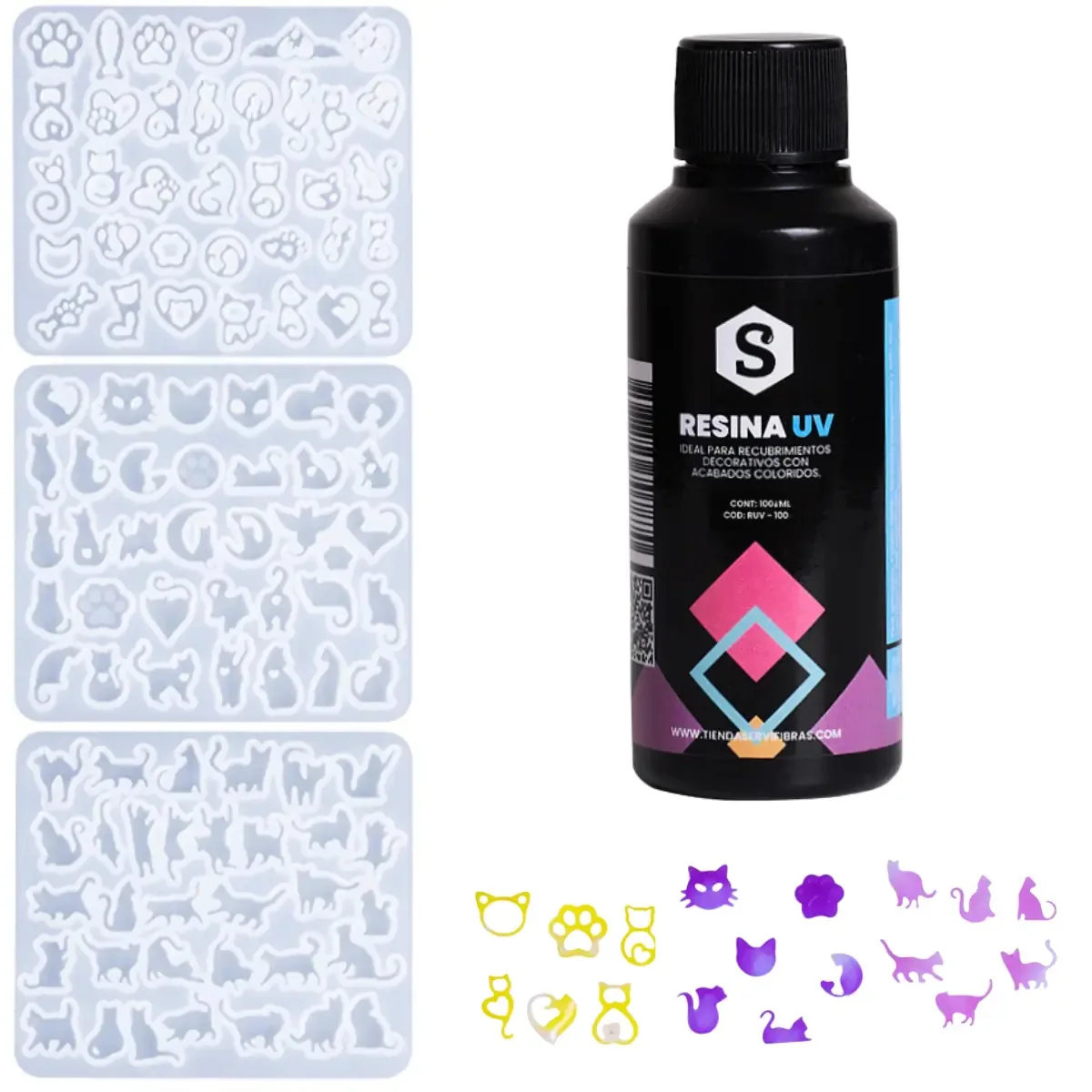 Combo 3 moldes de silicone com cavidades de animais e impressões digitais + Resina UV 100ml - Para arte e joalheria