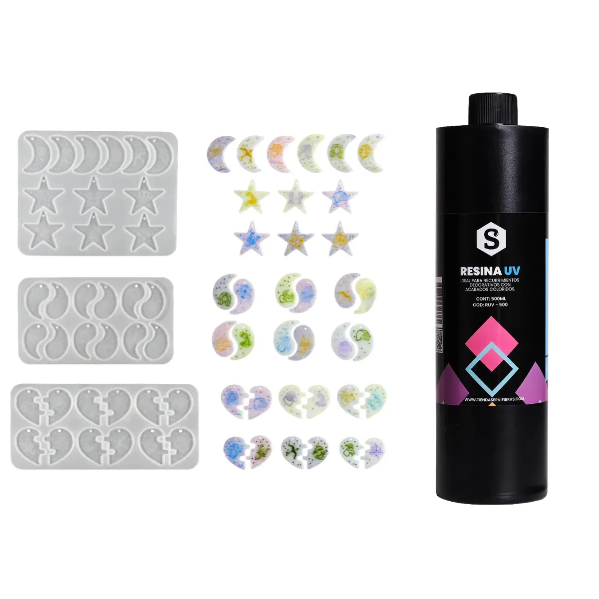 Conjunto de 3 moldes de silicone com cavidades em forma de lua, estrela e coração, além de resina UV transparente de 500 ml para artes e ofícios