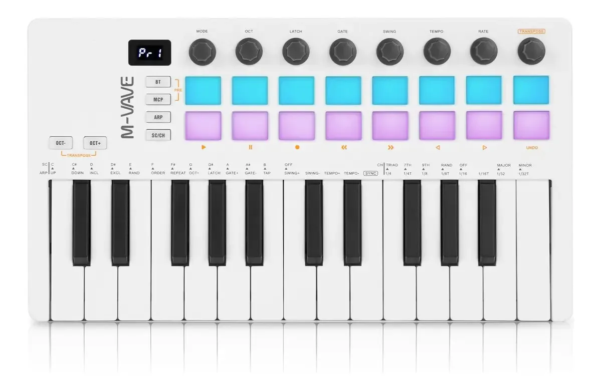 Teclado Bluetooth USB Midi, 25 teclas e 16 almofadas de luz de fundo