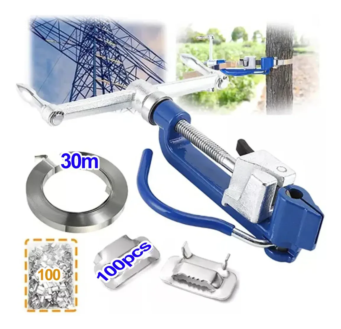 Alça manual+pulseira de aço 30m+aço inoxidável 100 grampos