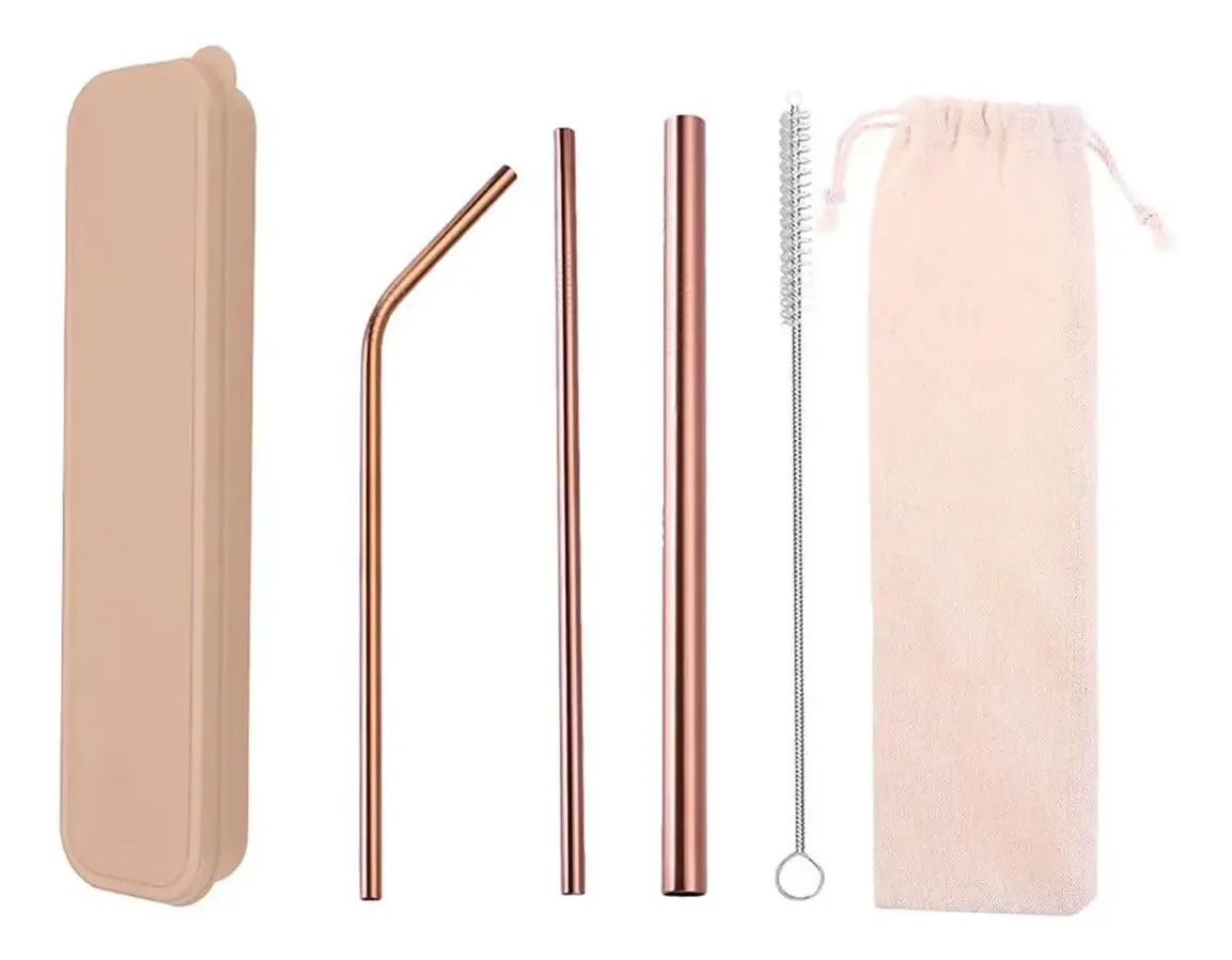 Kit Canudos De Inox Ecológicos - Cor Rose Gold