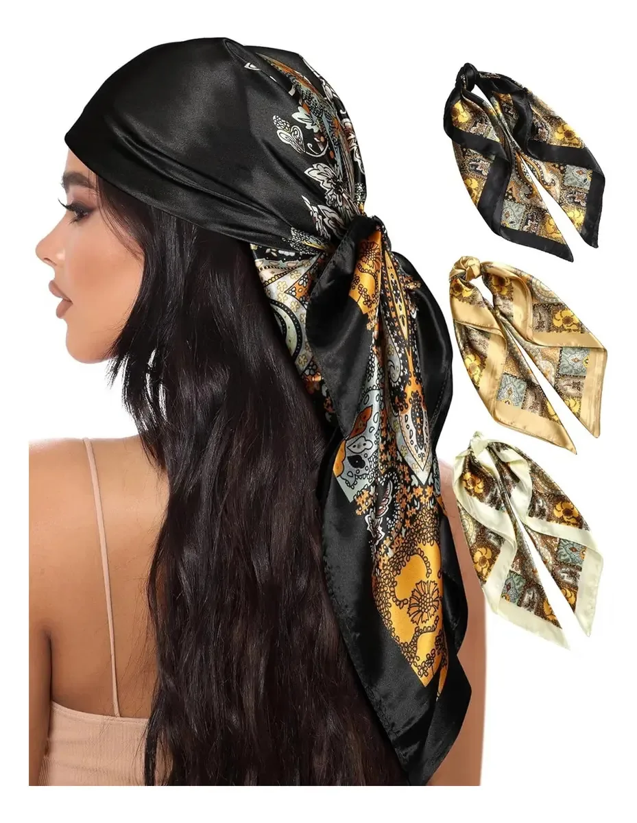 3 cachecóis femininos, lenço quadrado de seda, bandanas, 90 cm, cor camelo, preto, bege