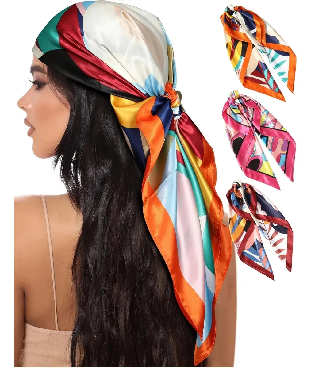 3 cachecóis femininos, lenço quadrado de seda, bandanas, 90 cm, cor laranja, marrom, rosa
