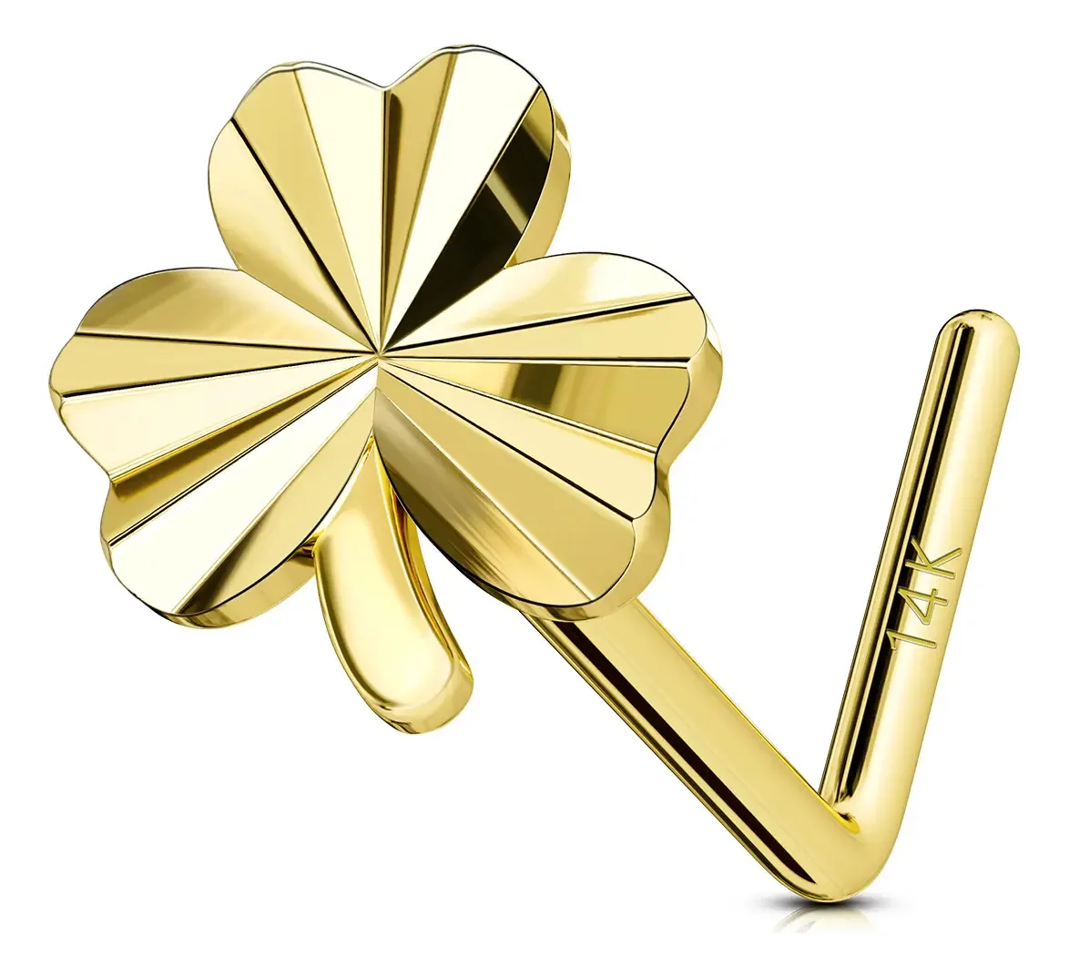 Piercing no nariz em ouro 14k em forma de L, lindos piercings de trevo