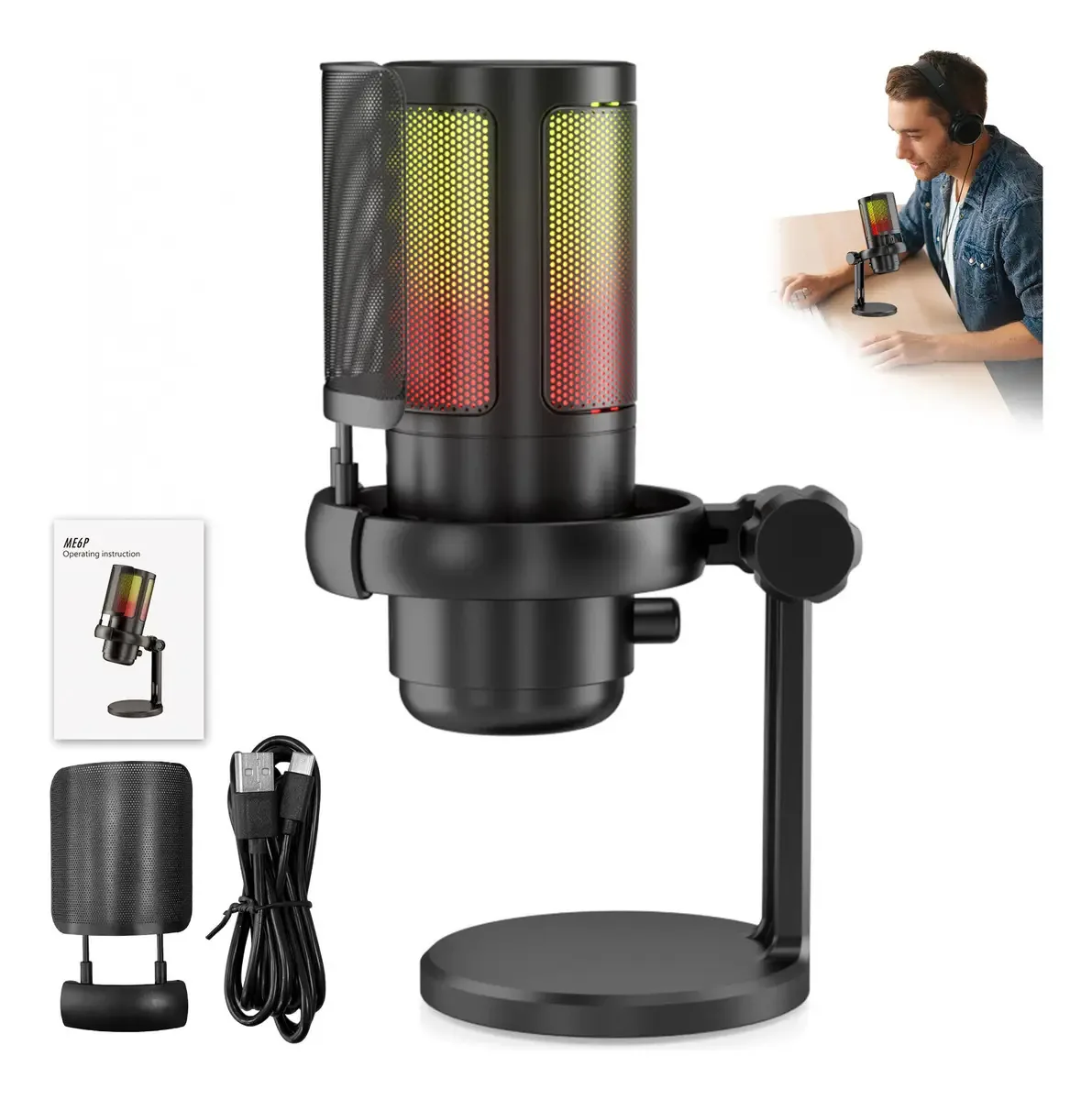 Microfone Condensador Gamer Pc Profissional Mesa Usb Rgb,pc E Telefone Microfone Para Podcasts Vídeos, Streaming,condensador Com Quick Mute,suporte,filtro Pop,indicador Rgb,montagem De Choque Erufale