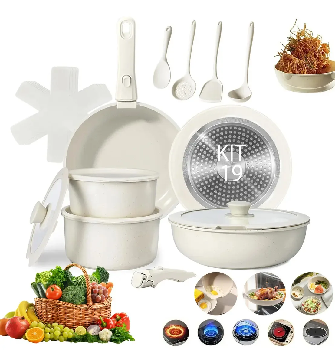 Jogo De Panelas Indução/gás Cerâmico Antiaderentes 19 Pçs,jogo Panela Ceramica,kit Panelas De Ceramica,panela De Ceramica,para Fogão Por Indução, A Gás, Elétrico E Vitrocerâmico Cor Bege