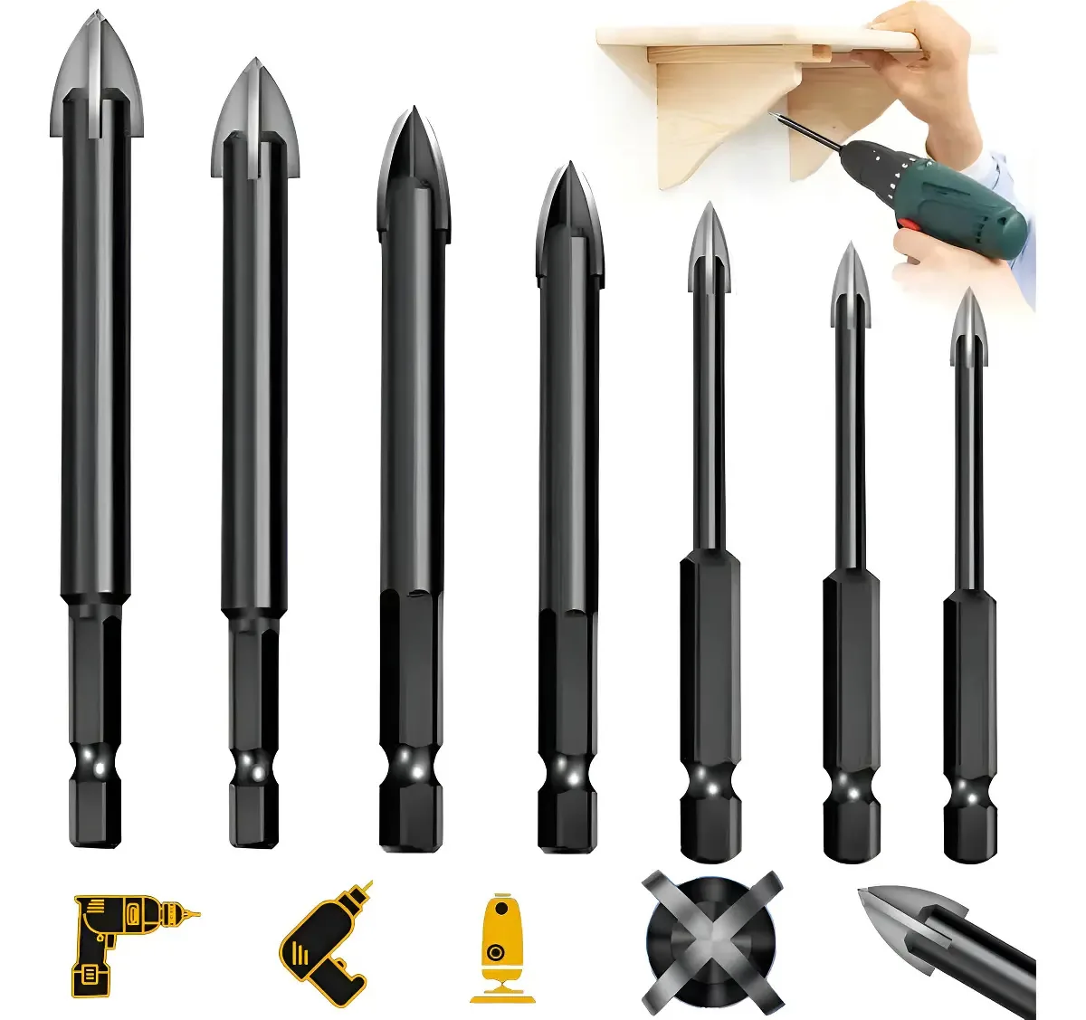 Kit Brocas Perfuraçao Universal Fura Vidro Porcelanato 7pçs Broca Central Para Vidro, Telha, Madeira, Cimento, Perfuração Conjunto De Brocas De Aço De Alta Velocidade 3-12mm Cuszlta