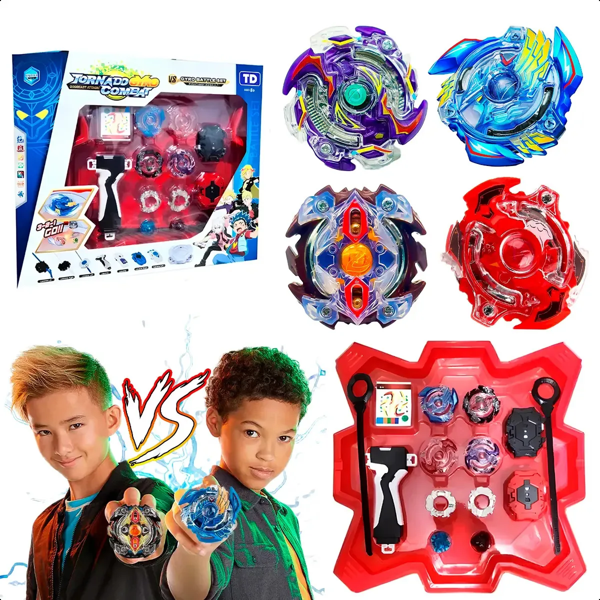 Kit 4 Beyblade + 2 Lançadores E Arena De Batalha Completo Cor Variada