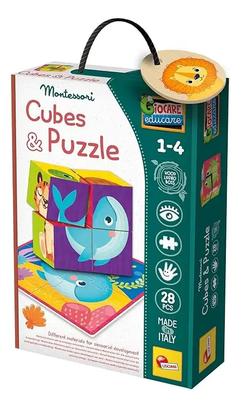 Conjunto Montessori de 28 cubos e quebra-cabeças