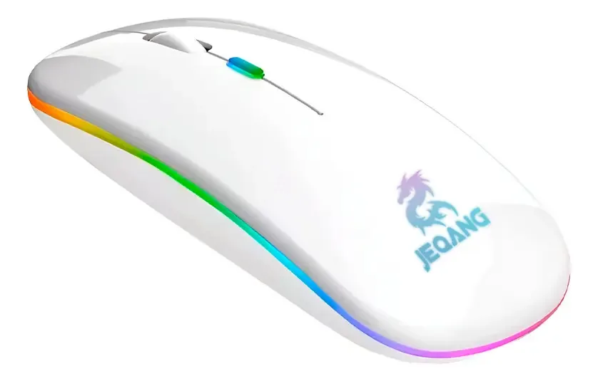 Design fino de mouse sem fio Jeqang e luzes RGB brancas