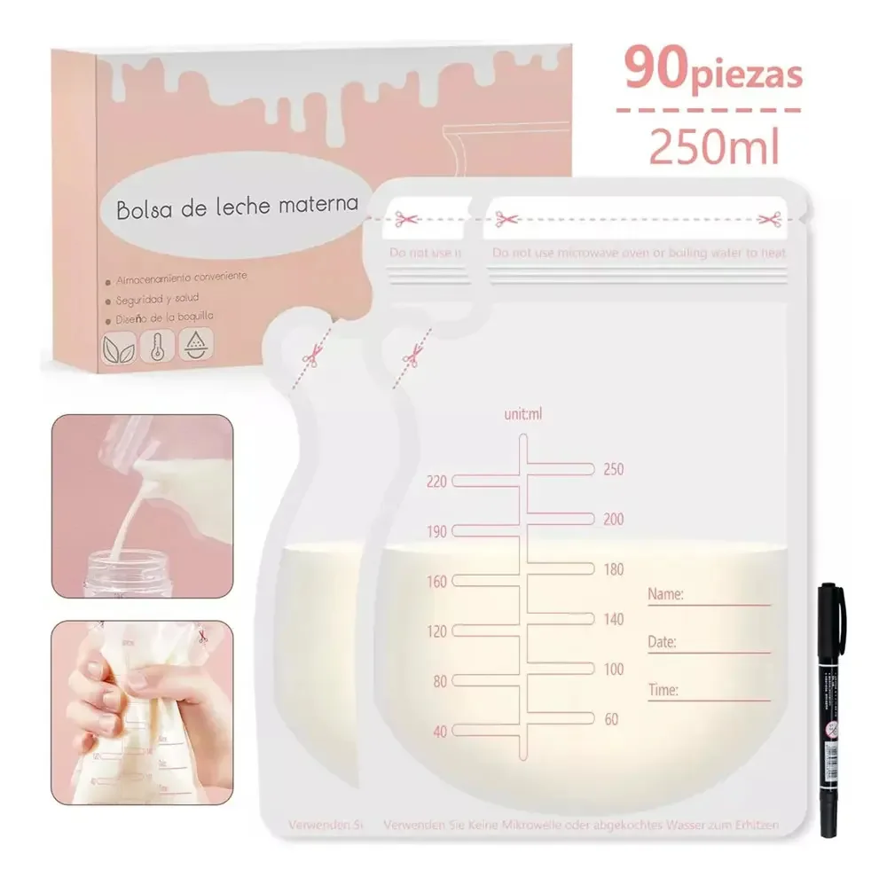Saco de armazenamento de leite materno 250ml, 90 peças