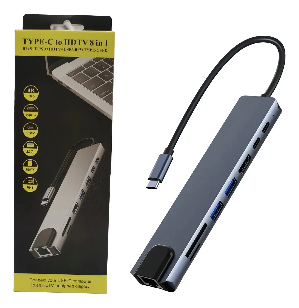 Adaptador Usb-c Ethernet Hdmi Usb X3 Thunderlbolt Hub 8 Em 1 Cinza