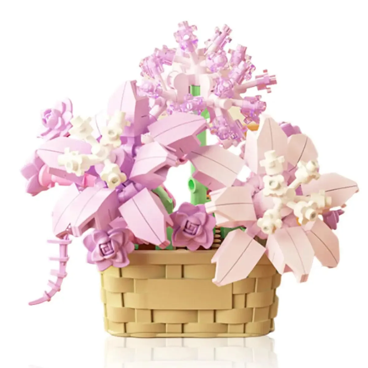 Blocos de construção de brinquedos para cesta de flores roxas