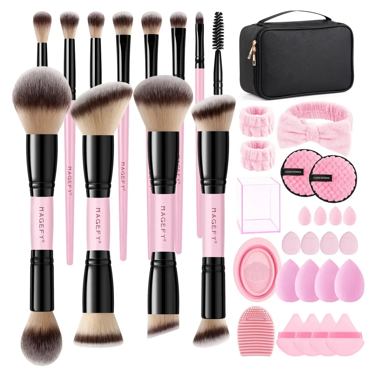 37 pincéis de maquiagem profissionais, kit de maquiagem com bolsa de cosméticos e estojo de maquiagem, pincel de fibra rosa Magefy