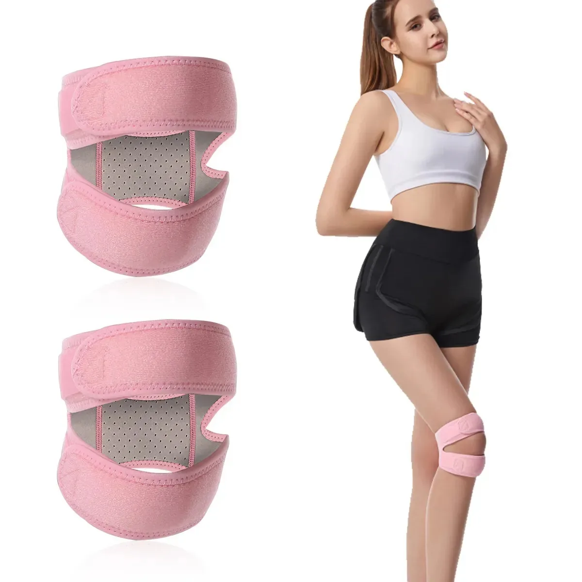 1 par de bandagens esportivas elásticas, joelheiras, suporte ajustável de cartilagem de ginástica, suporte de cartilagem respirável rosa