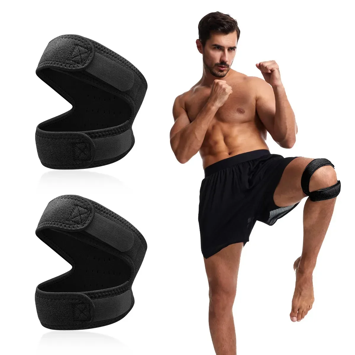 1 par de bandagens esportivas elásticas, bandagens de joelho, suporte de cartilagem respirável ajustável para ginástica, preto