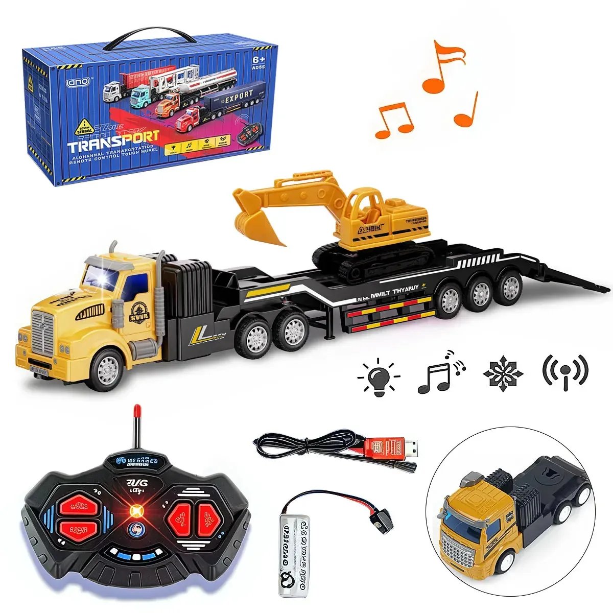 Caminhão de brinquedo com escavadeira acoplada
