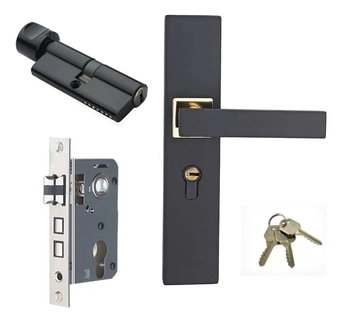 Fechadura de porta e incrustação segura de porta preta com 3 chaves