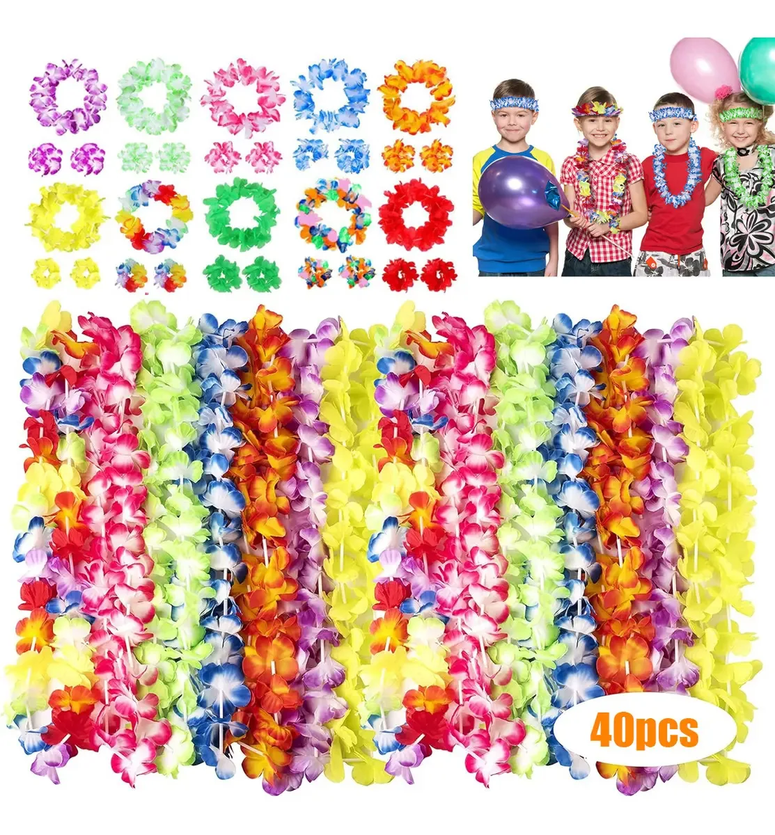 Colares de flores para festas havaianas de 40 peças da Heobei Decorations para festa/evento/praia/aniversário/decorações/casamento (10 colares + 20 pulseiras + 10 bandanas)