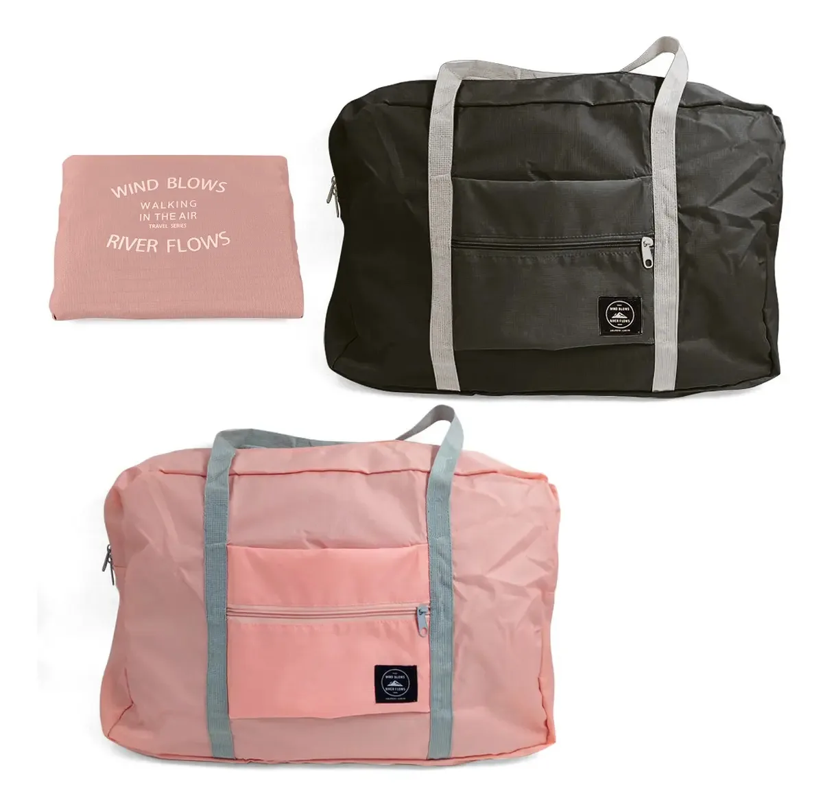 2 malas de viagem compactas dobráveis (pretas, rosa)